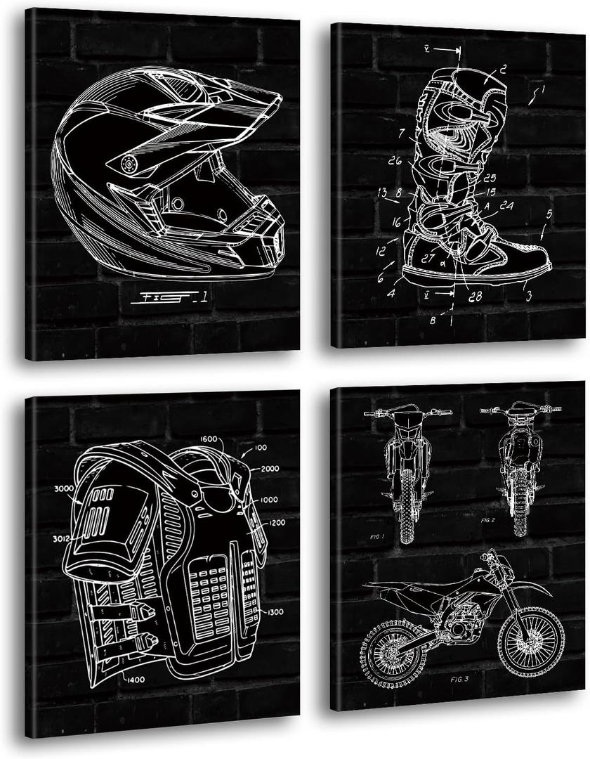 Motorcycle Dirt Bike Patent Wall Art, Vintage Motocross Canvas Posters, Helmet Body Armor Motorbike Boots Art Prints, Set of 4-8x10 inches Framed, Gift for Dirtbike Fans, Man Cave Garage Home Decor
