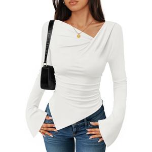 ZESICA Women's Long Bell Sleeve Shirts 2026 Fall Going Out Asymmetrical Crop Tops Slim Fit Ribbed Ruched Y2K Clothes (White, L)