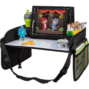 Lusso Gear Car Seat Tray - Dry-Erase Lap Desk for Kids Travel Activities - Snack & Cup Holder for Car Back Seat Organizer - Tablet Stand for Toddler Travel Essentials - Black