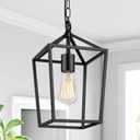 Farmhouse Black Pendant Light for Kitchen Island Industrial Hanging Lantern Fixture Modern Metal Cage Lamp Chandelier Lighting for Dinning Room Hallway, 49in Adjustable Chain for Flat & Sloped Ceiling
