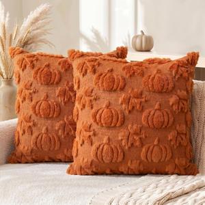 AVOIN colorlife Fall Pumpkin Maple Leaves Caramel Throw Pillow Covers, 20 x 20 Inch Autumn Thanksgiving Harvest Soft Plush Faux Fur Jacquard Cushion Case Decoration for Sofa Set of 2