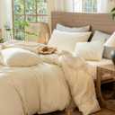 3 x MooMee Wavy Striped Duvet Cover Set 100% Washed Cotton Linen Like Textured Breathable Durable Soft Comfy (Cream White, King 104"x90")