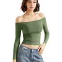 SUUKSESS Women Off The Shoulder Double Lined Long Sleeve Shirts Fitted Y2k Basic Going Out Tops (Army Green, L)
