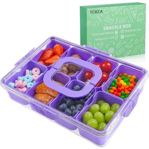 Snackle Box Container, Dishwasher Safety - Divided Serving Tray with Lid and Handle, Charcuterie Board for Portable Snack Platters - Organizer for Fruits Snacks - Perfect for Road Travel - Purple