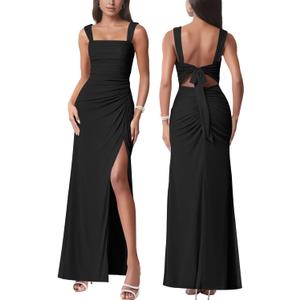 Women Sexy Mesh Tie Low Back Sleeveless Split Ruched Maxi Dress Party Cocktail Long Dress Wedding Guest Dresses (Black, L)