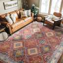 5x7 Area Rug Bohemian Rugs with Print Trellis Pattern Stain Resistant Washable Carpet for Living Room and Girls Bedroom Red/Orange/Blue