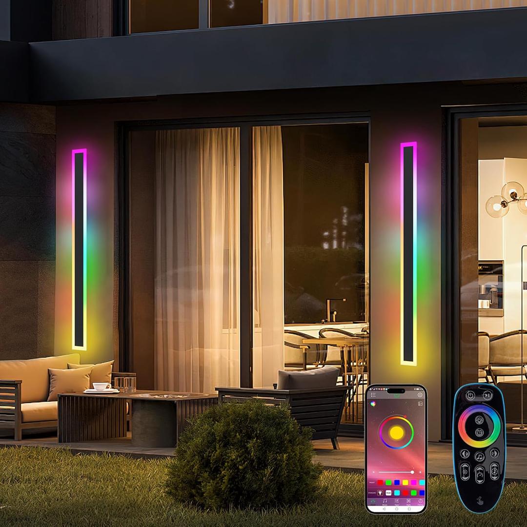 Outdoor RGB Long Wall Lights, 57.5inch 2 Pack RGB/Warm/White Dimmable Modern Led Wall Lighting, Ip65 Waterproof Long Wall Sconce with Remote and APP Control for Outdoor/Indoor Party Gathering
