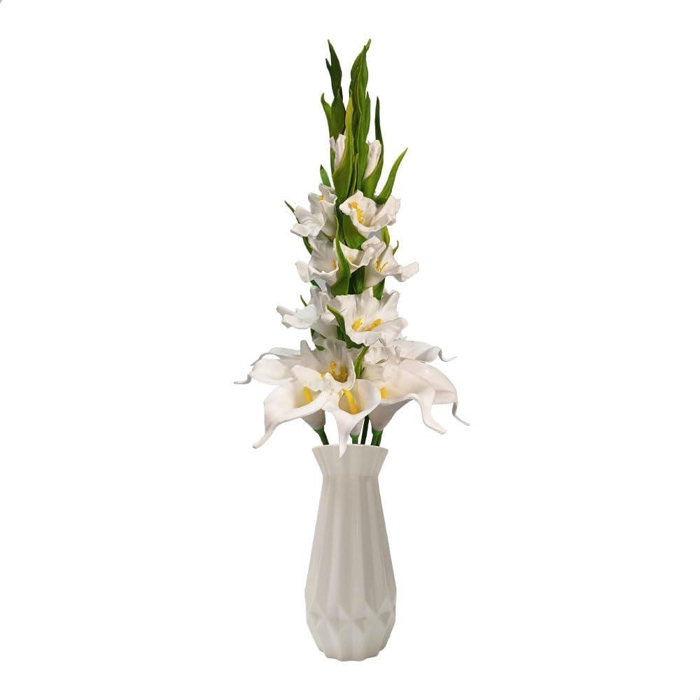 22" Artificial Flowers and Vase Set Indoor Home Decoration,Gladiolus and Zantedeschia Mixed Bouquet Faux Blossom, White Style Fake Flowers,Window Table Shelf Wedding Floral Party Home Decor