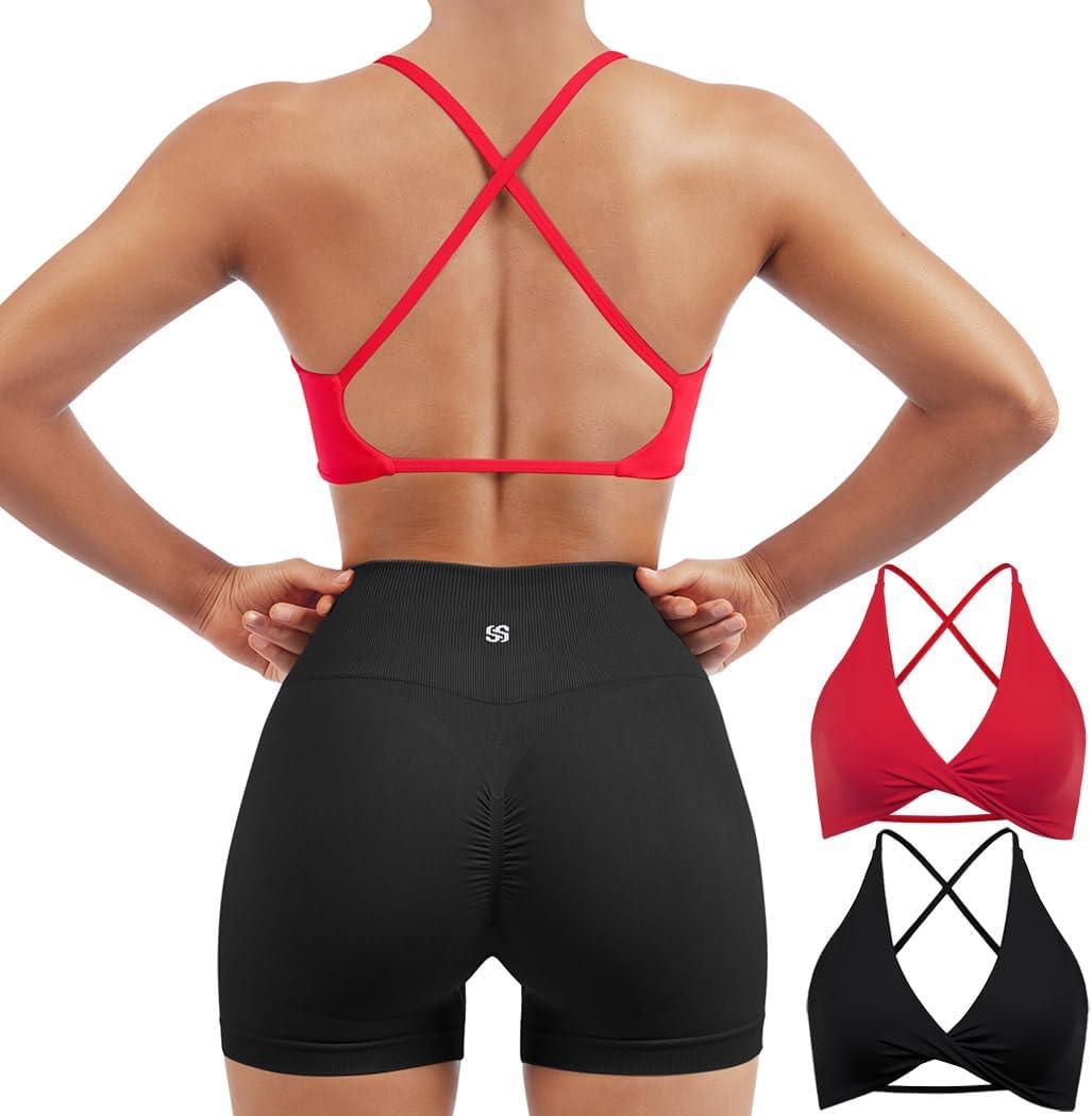 SUUKSESS Women 2 Piece Open Back Strappy Sports Bra Pack Twist V Neck Workout Crops, Small