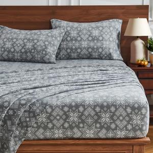 HYPREST Flannel Sheets Queen Size,Grey Snowflake Christmas Soft Warm Winter, King