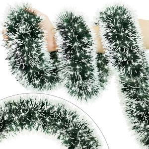 33FT Green Tinsel Christmas Garland Metallic Twist Shiny Garland for Christmas Tree Decorations, Xmas Holiday Hanging Garland for Home Indoor Outdoor Party Supplies Decor (Green, White)