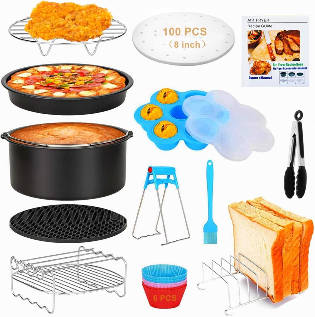 18 PCS Air Fryer Accessories, 8 Inch XL Deep Fryer Accessories Compatible with Gowise USA Phillips Ninjia Cosori Cozyna Air Fryer, Fit 3.6QT- 6.8QT Air Fryer with Cake Pan, Pizza Pan, Air Fryer Liner