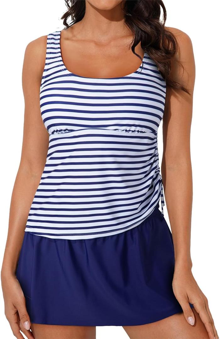 Aleumdr Tankini Swimsuits for Women Swim Dress Two Piece Bathing Suit Square Neck Drawstring Tankini Tops with Skirt (Medium, A4 Stripe Blue)