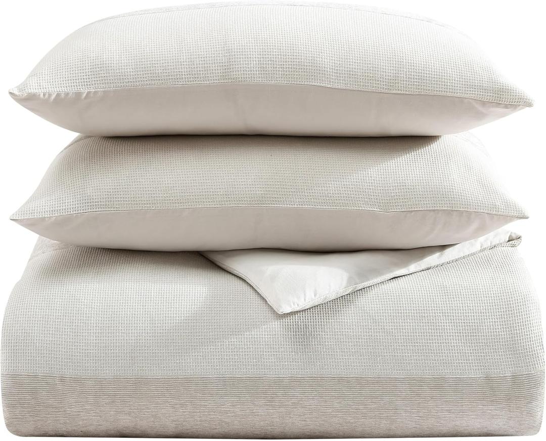 Vera Wang - Queen Comforter Set, Premium Cotton Bedding Set with Matching Shams, Chic Room Essentials, Oeko-Tex Certified (Chenille Waffle Stripe Beige, Queen)