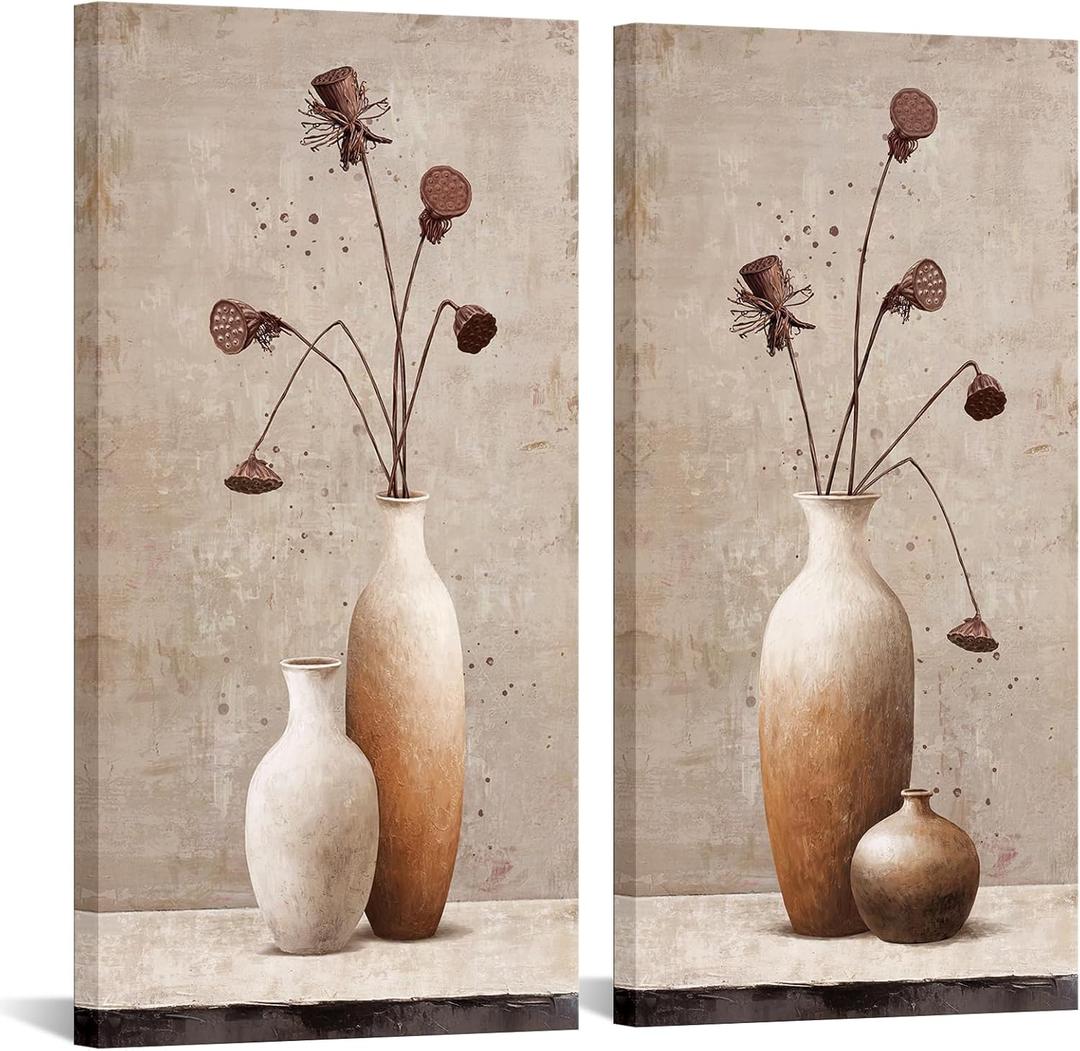 sechars Large Size Rustic Flower in Vase Painting Wall Art Beige Brown Lotus Pods Picture Canvas Prints Vintage Farmhouse Living Room Decorations 20"x40"x2PCS (Brown)