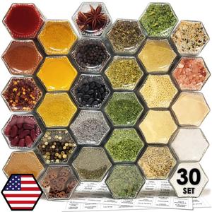 30 Set Magnetic Spice Jars for Refrigerator Hexagon Glass Spice Jars with Magnetic Lids, Shaker, Spice Labels, Magnetic Glass Spice Containers for RV Travel Trailer Kitchen Fridge Cabinet Wall mount
