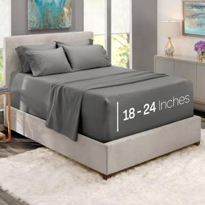Hearth & Harbor Extra Deep Pocket Queen Sheets Sets - Fits Mattress 18-24 Inches Deep - Extra Deep Pocket Sheets - 6 Piece Queen Size - Queen - Grey Sheets