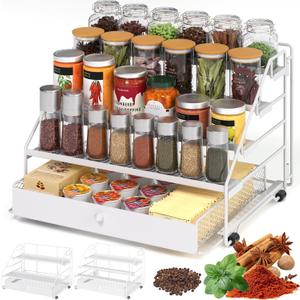 Spice Rack Organizer for Cabinet: 4 Tier Spice Organization with Drawer, Depth Adjustable Metal Shelf for Kitchen Countertop, Cupboard, Pantry, Holds Seasoning and Condiments (White)