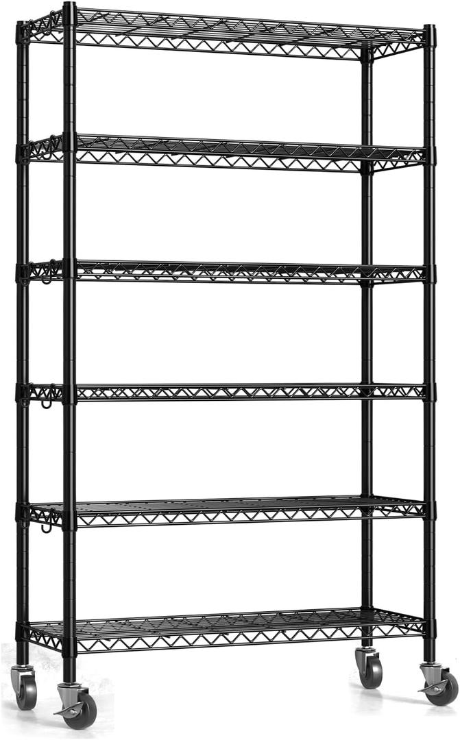 75"H Metal Storage Shelf with Wheels, 6 Tiers, 2280LBS, Black, 75"H X36"W X14"D