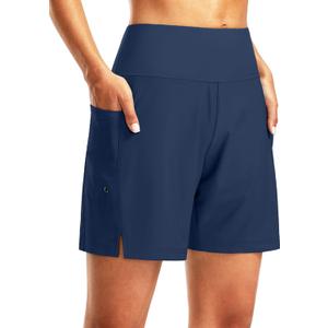 G Gradual Women's 7" Long Swim Board Shorts High Waisted Quick Dry Beach Swimming Shorts for Women with Liner Pockets(Dark Blue, S)