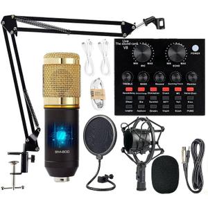Podcast Equipment Bundle, with BM800 Podcast Microphone and V8 Sound Card, Voice Changer - Audio Interface -Perfect for Recording, Singing, Streaming and Gaming (V8-Black)