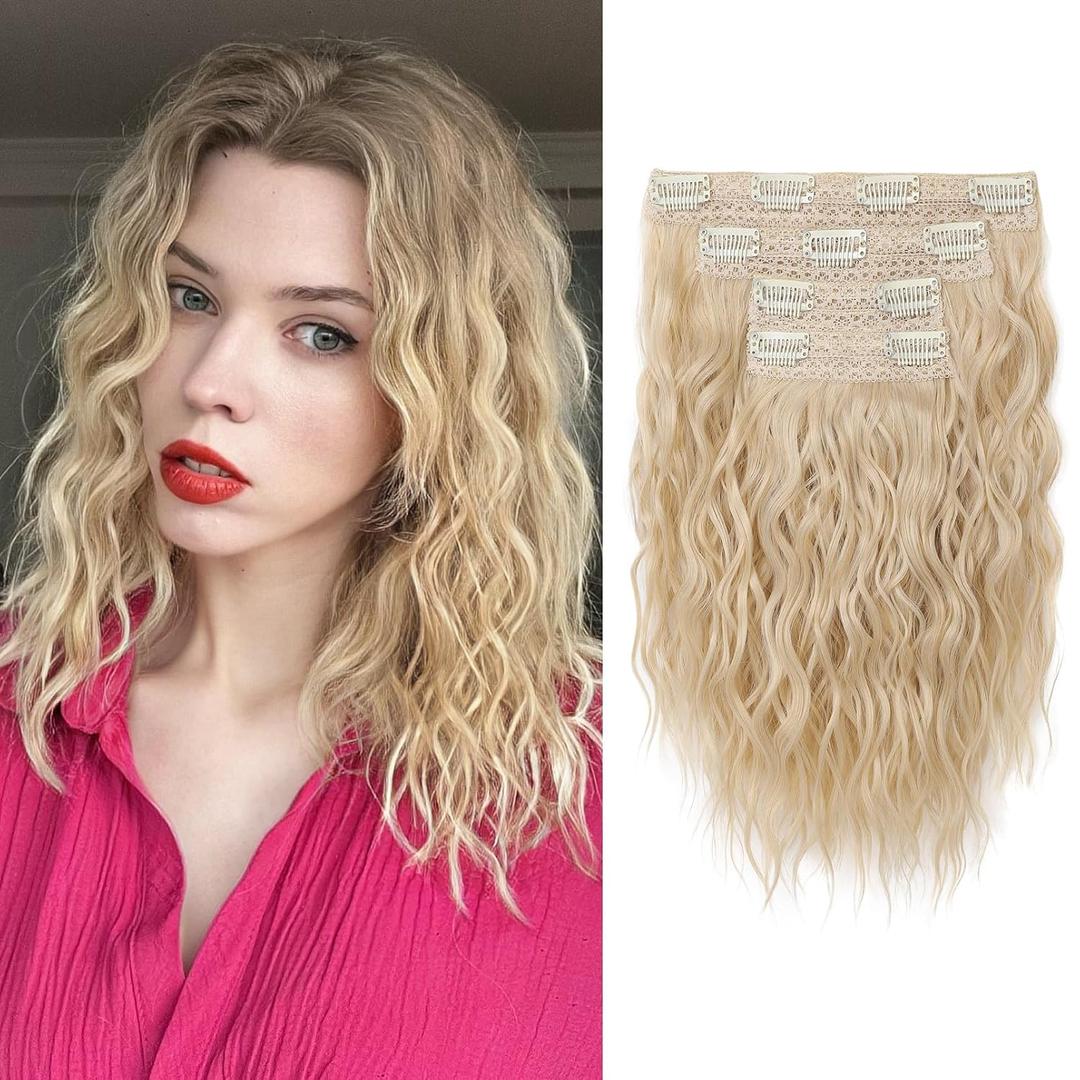 REECHO Clip in Hair Extensions, 4PCS Hair Extensions 12" Short Curly Wavy Blonde hair extensions Invisible Lace Weft Natural Soft Hairpieces for Women  Light Blonde
