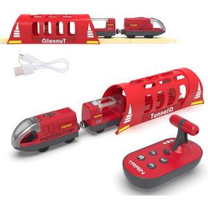 Toy Train Set Remote Control Locomotive Trains, Motorized Train for Wooden Track, Electric Train and Tunnel with Sound & Lighting Effect, Magnetic Trains Compatible with Thomas, Brio, Chuggington