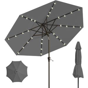 10FT Solar Umbrella 32 LED Lighted Patio Umbrella Table Market Umbrella w/Tilt and Crank, UV-Resistant Outdoor Umbrella for Pool, Garden, Deck, Gray