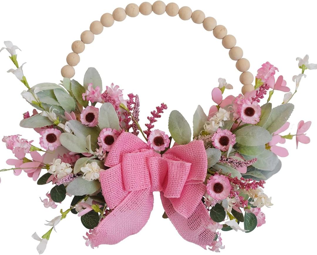 TEMPUS 16" Spring Wooden Beaded Door Wreath Pink Daisy, Burlap Bow Wreath, Valentine's Day, Wedding Indoor and Outdoor Decor Farmhouse Door Decorations