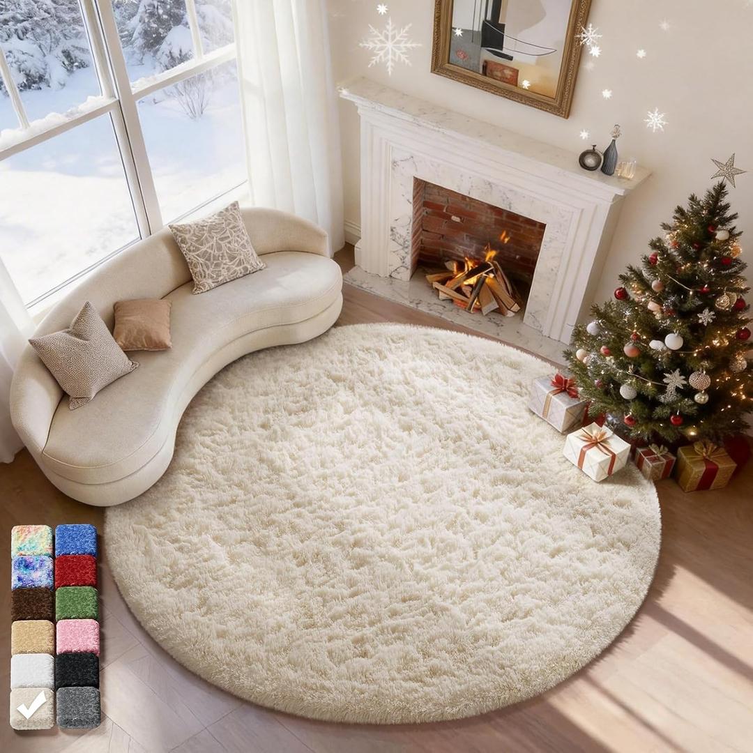  Round Washable Rugs 5Ft Ivory Circle Area Rug,Baby Nursery Living Room Bedroom Decor Circular Carpet 5 Foot,Fluffy Fuzzy Shag Plush Cream for Kids Boys Girls Teen with Over 99 pcs Pile fibers