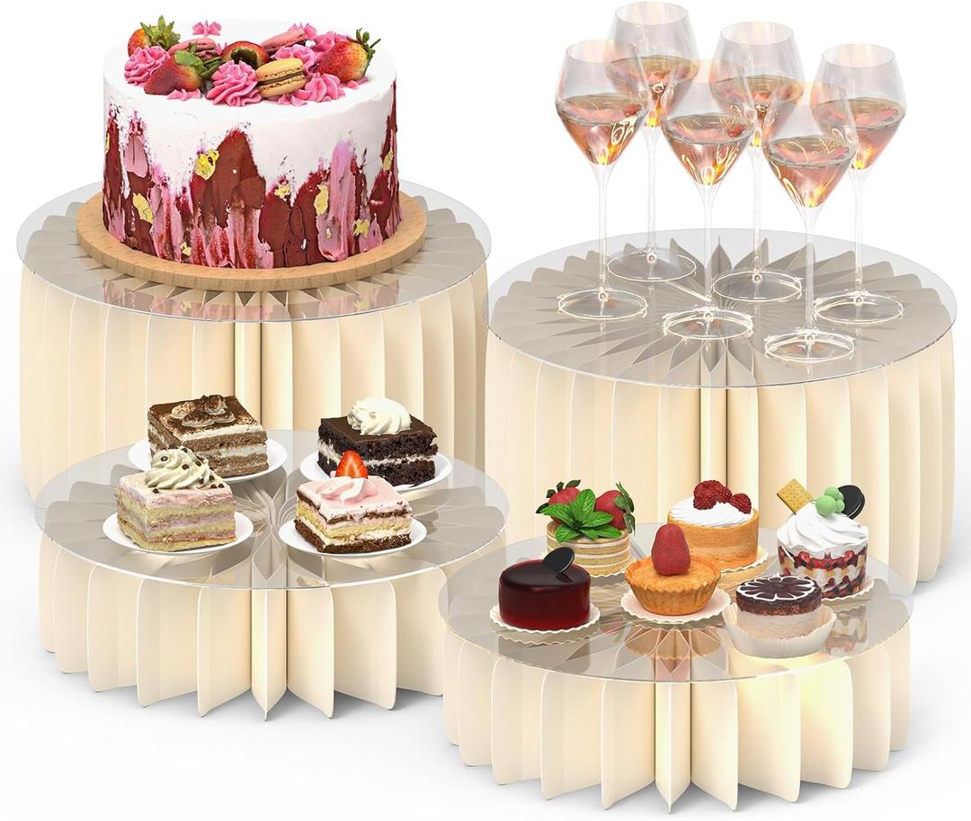 4 PCS Buffet Risers, Foldable Food Risers for Buffet Table, Display Stands for Party, White Cake Cupcake Stands for Food Display, Catering Supplies (7.8" Hx2, 4" Hx2)