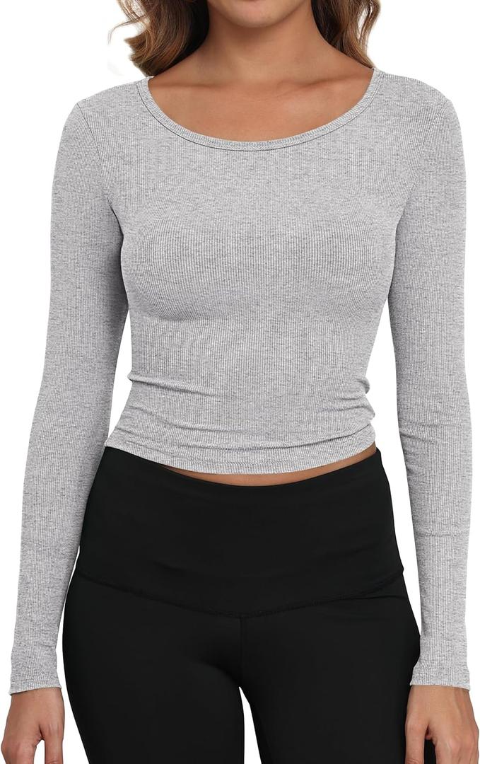 Artfish Women's Casual Basic Ribbed T-Shirts Slim Fitted Boat Neck Long Sleeve Crop Top