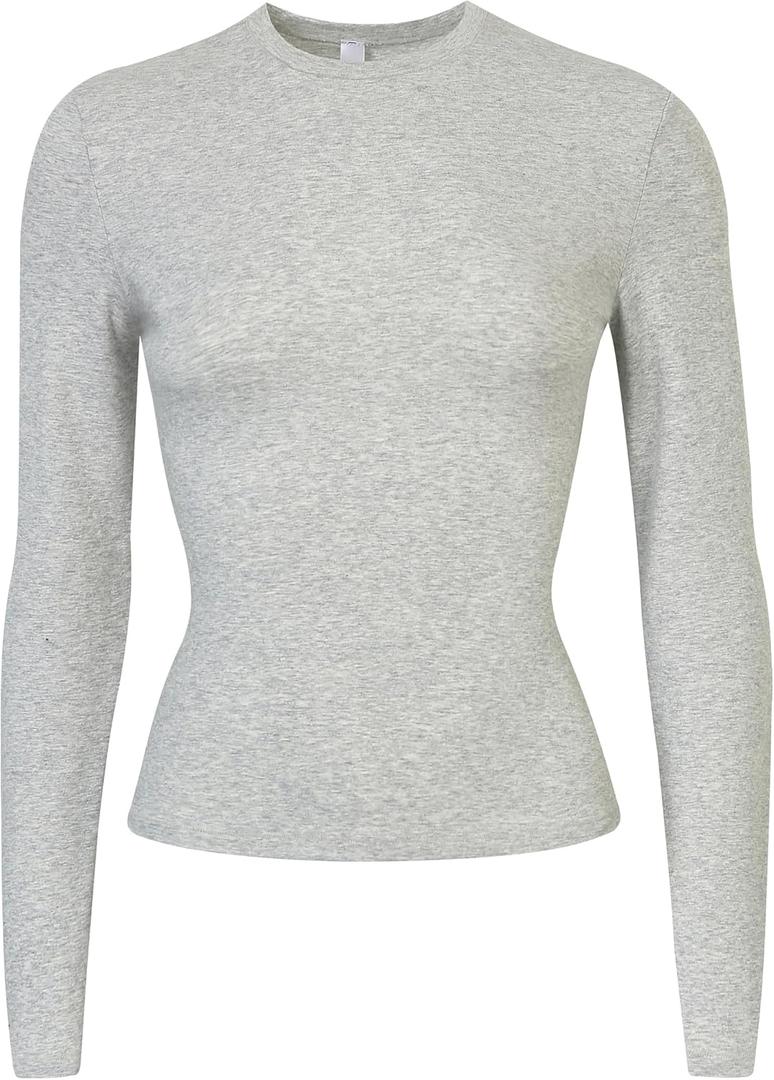 SSLR Womens Long Sleeve Shirts Basic Crop Tops Slim Fit T-Shirts Stretch Crew Neck Tee Comfort (Gray, L)