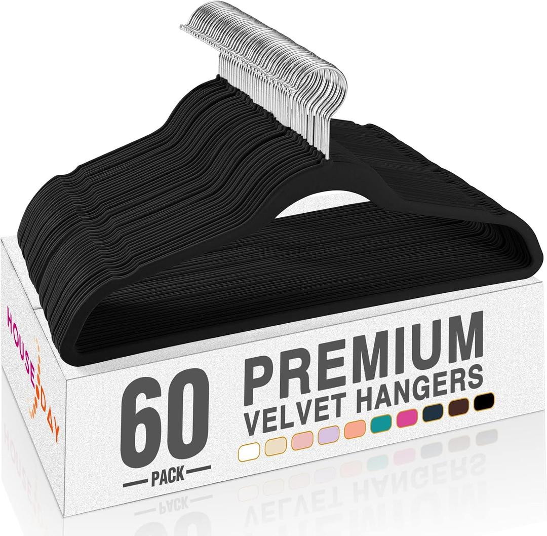 HOUSE DAY Black Velvet Hangers 60 Pack, Non Slip Clothes Felt Hanger Heavy Duty for Coat, Premium Slim Space Saving Suit Hangers for Closet Organizer, 360 Rotating Silver Hook, Black