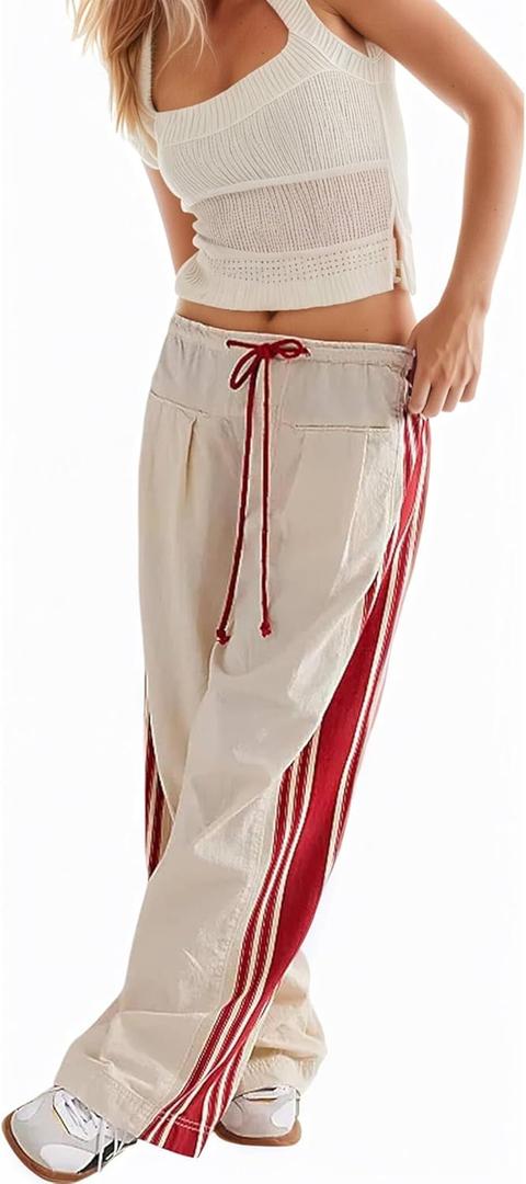 Women's Mid Rise Wide Leg Pants Hudson Canyon Side Printed Casual Pants with Drawstring Waistband (White, L)