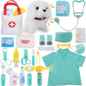TEUVO Toy Doctor Kit for Girls - Pretend Play Doctor Set with Dog Toy, Carrying Bag & Stethoscope & Dress Up Costume - Toys Doctor Play Gift for Kids Toddlers Ages 1 2 3 4 5 6 7 Year Old for Role Play (Ice Green)