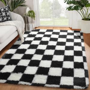KICMOR Area Rugs for Bedroom Living Room, 4x6 Black and White Fluffy Soft Checkered Rug Fuzzy Shag Shaggy Carpet, Indoor Plush Floor Rugs for Kids Boys Girls Teen Dorm Nursery Home Decor Aesthetic