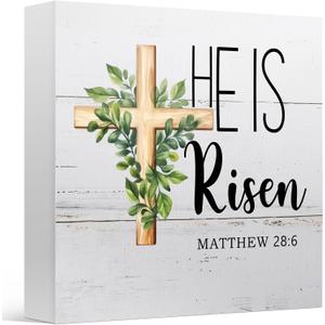 Religious Easter Decor Sign for Home Gifts Family Friend, Bible Verse He is Risen, Wooden Sign 5x5 Inches