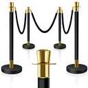 8PCS Top Crown Decoration Black-Gold Stanchions Posts with 4PCS 5 ft Black Velvet Rope, Red Velvet Rope Stanchion Set Crowd Control Barriers, Stanchions and Velvet Ropes Red Carpet Poles for Party