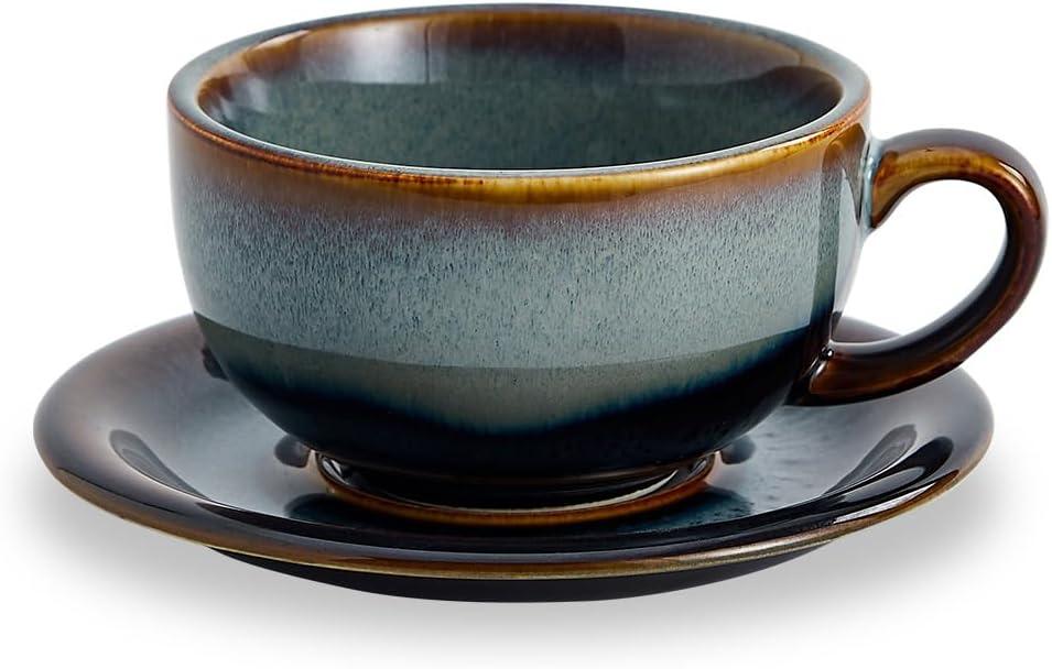 Coffeezone Vintage Design 12 oz Ceramic Latte Art Cappuccino Barista Cup with Saucer (Fog Grey)