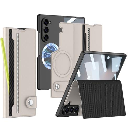 XIMAND for Samsung Galaxy Z Fold 6 Leather Case with Card Slots, Kickstand, Anti-Shock, Magnetic Buckle, Compatible with Magsafe Magnetic Wireless Charging.(Titanium Grey)