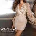 Women's Long Sleeve Mini Short Dress Neck Sequin Ruched Mesh Dress Prom Cocktail Party Gowns (Beige, XL)