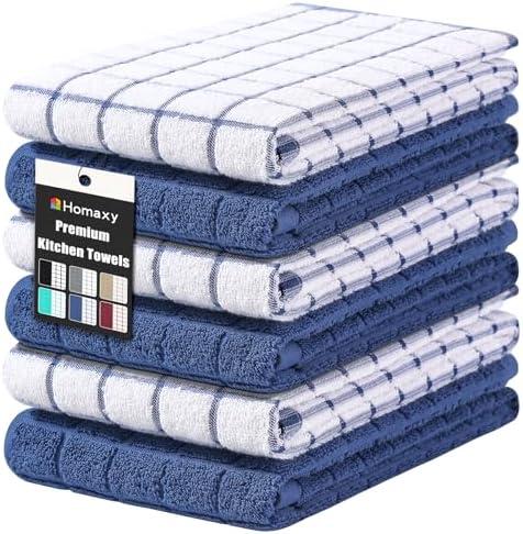 Homaxy Premium Cotton Kitchen Towels 16"x 28", Large Natural Ring Spun 390 GSM Dish Towels, Super Absorbent Terry Kitchen Hand Towels, Soft Tea Towel with Hanging Loop, Navy Blue Check Design, 6 Pack