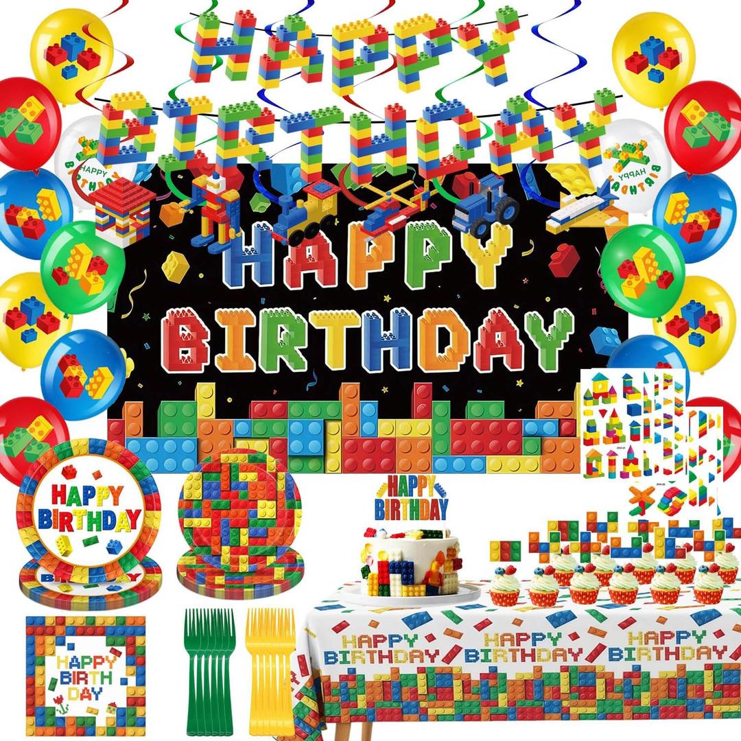 144pcs Building Block Birthday Party Decorations Includes Plates, Napkins, Cake Toppers, Banner, Hanging Swirls, Tablecloths, Balloons, Backdrop, Temporary Tattoos for Building Block Party Decorations