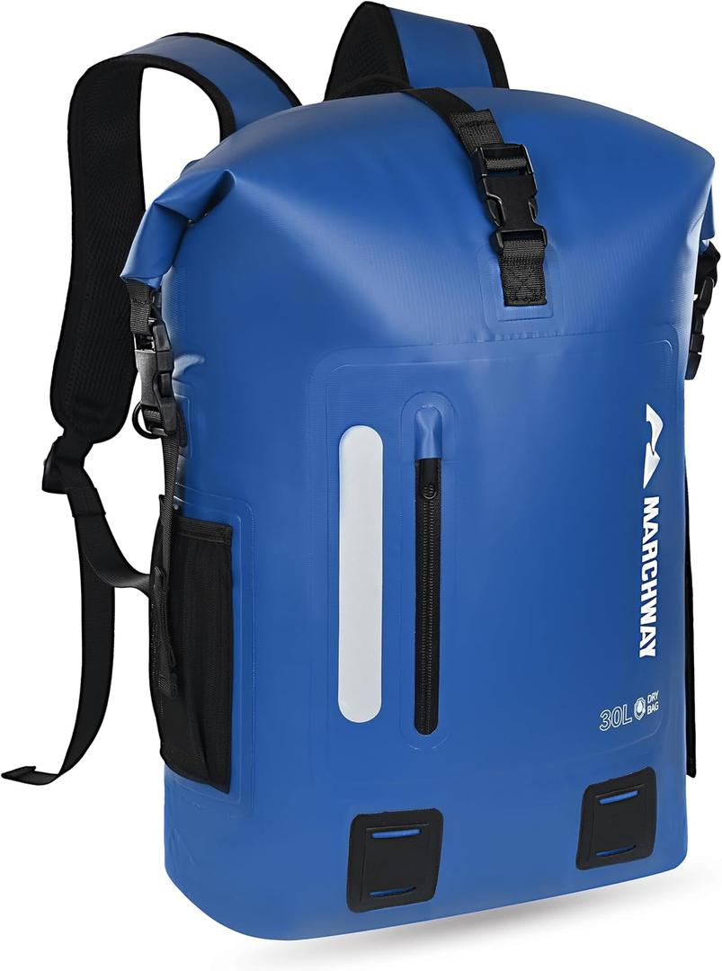 MARCHWAY Roll Top Waterproof Backpack, Floating Dry Bag 20L/30L/45L with Ergonomic Rectangular Base, Cushioned Back, Hip Strap for Hiking Camping Kayaking Travel (Blue, 45L)