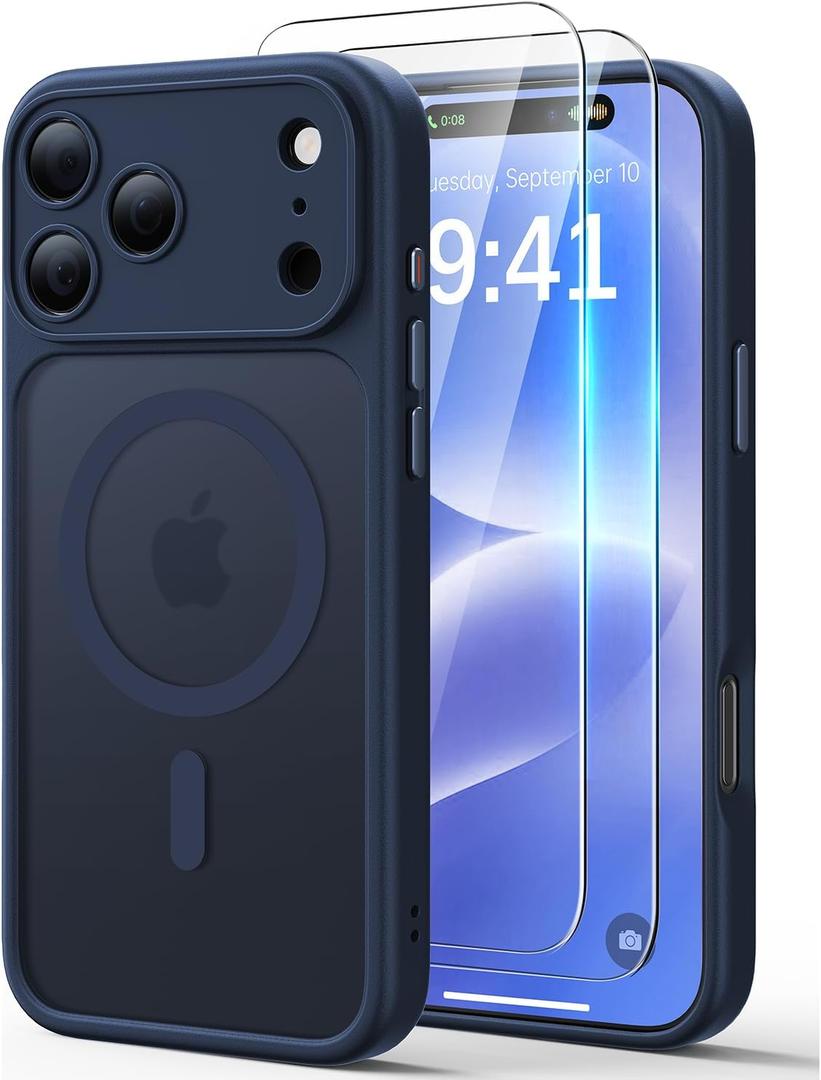 JJL for iPhone 17 Pro Case with 2 Pack Screen Protectors, Compatible with MagSafe, Full Camera Protection, Translucent Matte Magnetic Phone Cover, Deep Blue