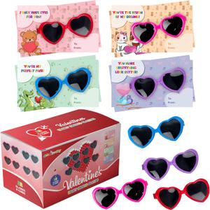4E's Novelty 32 Pack Valentines Day Heart Glasses for Kids - Bulk Sunglasses with Valentines Cards, Valentine Day Gifts for Kid Classroom Exchange Toy with Cards, School Party Favors for Boy Girl