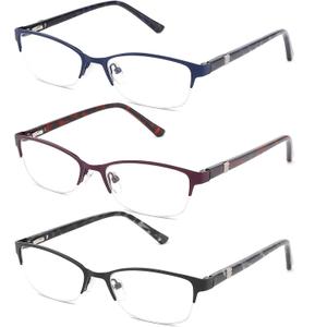 CRGATV 3-Pack Reading Glasses for Women Blue Light Blocking Metal Half Frame Computer Readers Anti UV/Eye Strain/Glare (Black Blue Red)