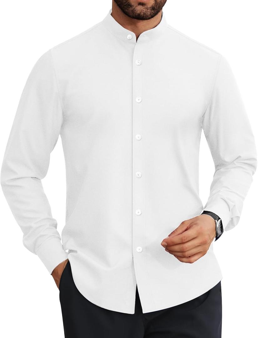 Mens Dress Shirts Wrinkle Free Dress Shirts for Men Long Sleeve Button Down Shirts Banded Collar Shirts (X-Large, All White)