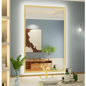 24x36 Inch Gold LED Bathroom Mirror, 3000K/4500K/6000K, Frontlit and Backlit, Wall Mounted Bathroom Vanity Mirror with Lights, Dimmable, Anti-Fog, Memory Function, ETL Listed